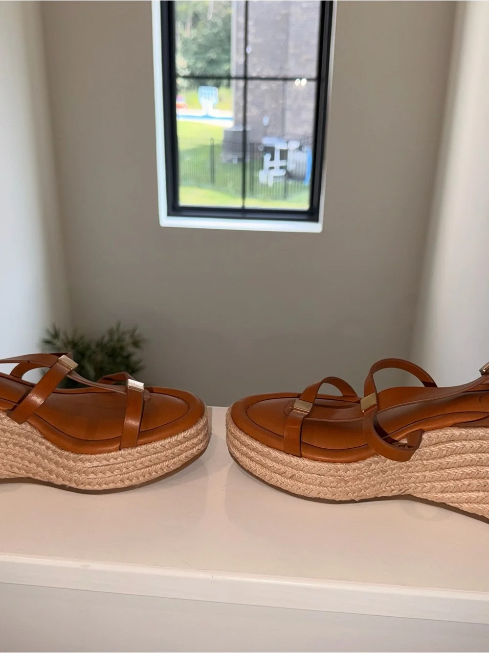 Franco Sarto Cognac Leather Espadrille Wedge Sandals